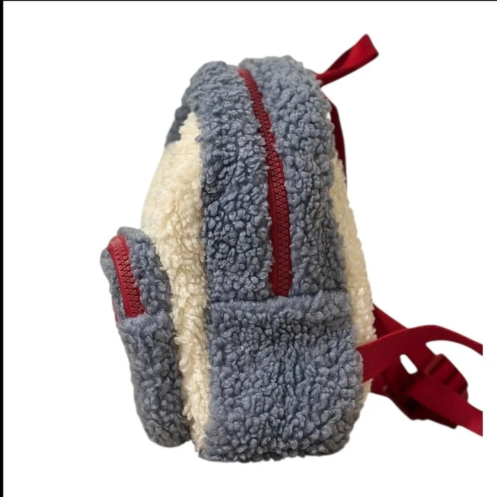 Disney Mickey Mouse Sherpa Mini Backpack Blue Cream Red Zippers M Patch